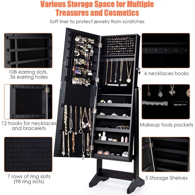 Jewelry cabinet stand mirror in black with 108 earring slots, 18 hooks, and 5 storage shelves for organized jewelry.