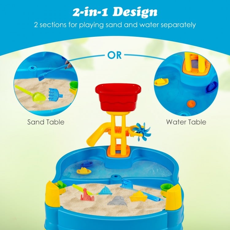 Kids sand and water activity table with 2-in-1 design, featuring separate sections for sand and water play.