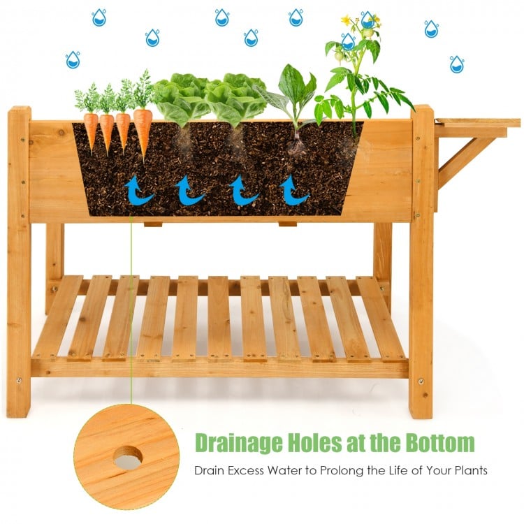 Elevated planter box kit made of fir wood with 8 grids, drainage holes, and a folding tabletop for comfortable.