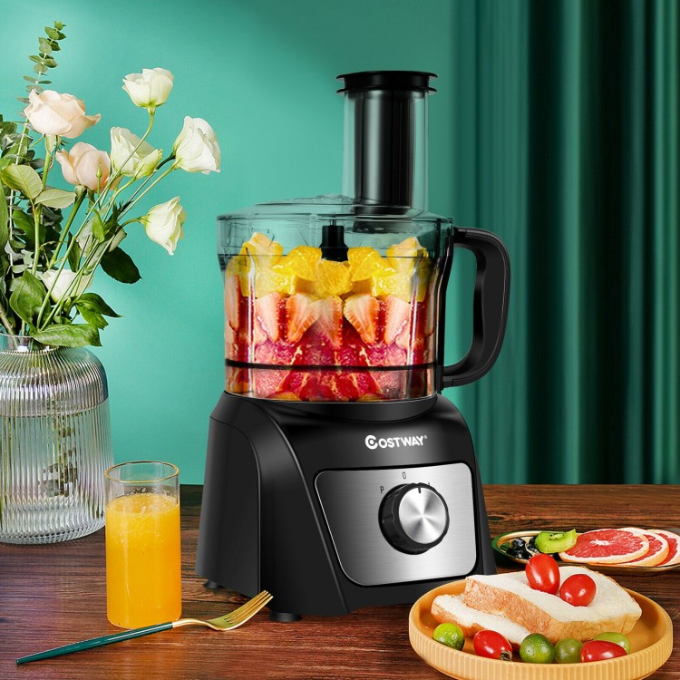 8-cup food processor with 500W motor, featuring 3 blades, variable speeds, and a large bowl for versatile food prep.