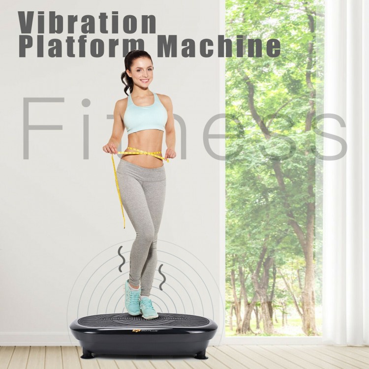 Mini vibration fitness platform in black with resistance bands, designed for full body training and weight loss.