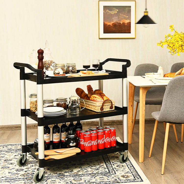 3-shelf utility service cart with aluminum frame, featuring rolling wheels and ample storage for home or office use.