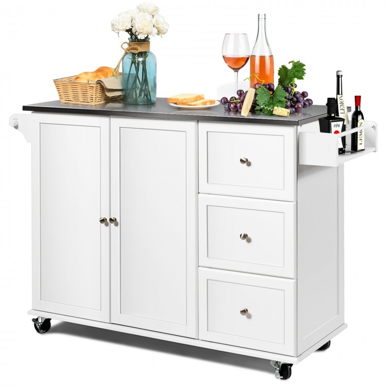 White kitchen island with stainless steel top, featuring 2 doors, 3 drawers, and wheels for easy mobility and storage.