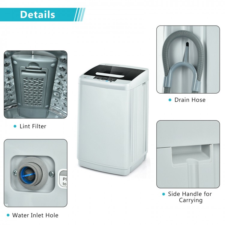 Portable 8.8 lbs washing machine with drain pump, stainless steel tub, and side handles for easy carrying and use.