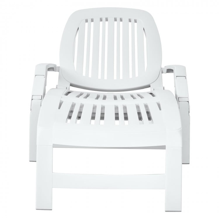 White adjustable patio sun lounger with weather-resistant wheels, featuring a storage box and six adjustable backrest.