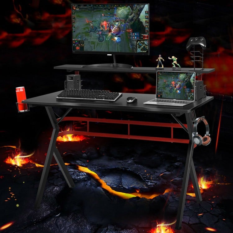 Gaming computer multifunctional storage desk with monitor shelf, cup holder, and ergonomic design for comfortable.