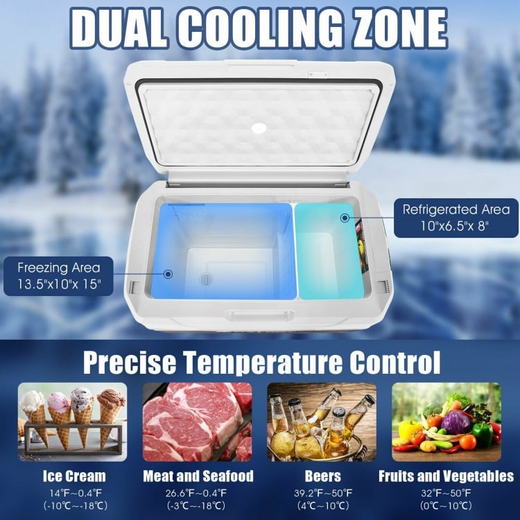 Portable 53 QT dual-zone car refrigerator with rapid cooling, large capacity, and wheels for easy transport.