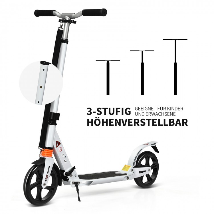 Folding adjustable kick scooter in white, made of aluminum alloy, suitable for kids and adults, with 8" wheels.