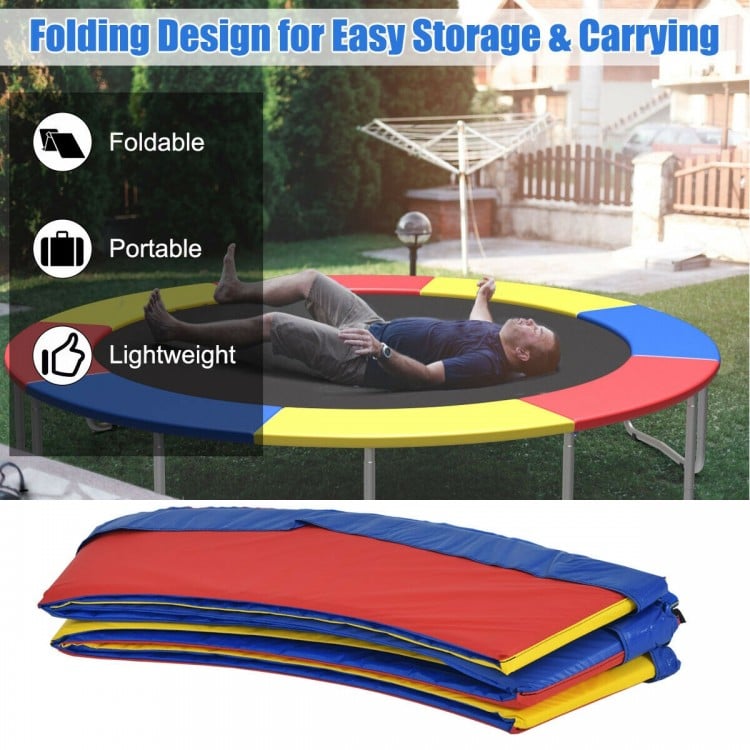 Multicolor 10Ft waterproof trampoline safety pad, foldable and lightweight, ideal for outdoor and indoor use.