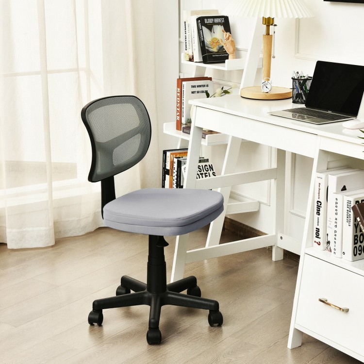 Armless gray computer chair with height adjustment and breathable mesh, ideal for home office comfort and mobility.
