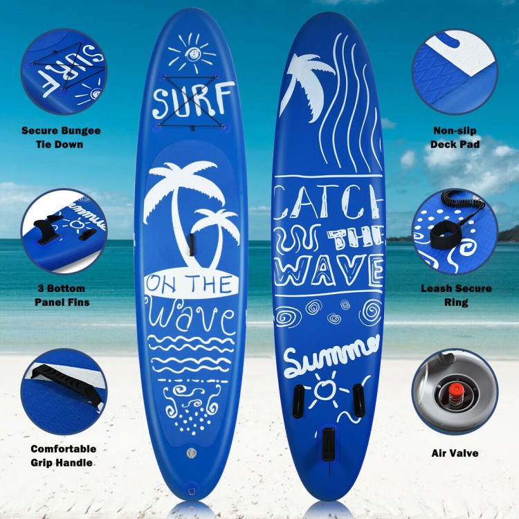 Inflatable stand-up paddleboard in blue with non-slip deck pad, 3 fins, and bungee tie down for versatile water.