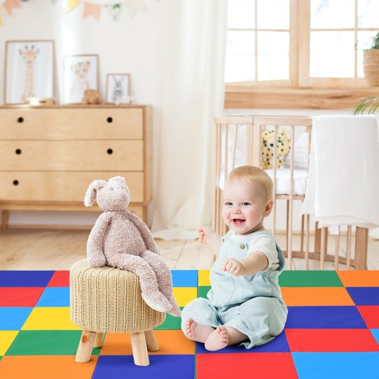 Colorful 58-inch baby folding activity floor mat with a toddler playing, promoting early color recognition and.