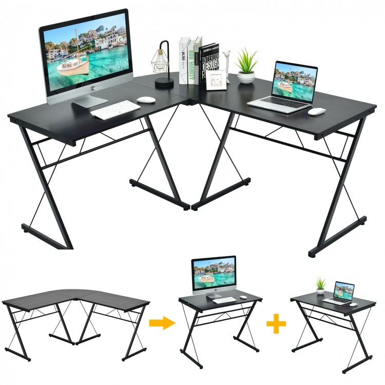 L-shaped corner desk in black, made of P2 MDF and iron, ideal for home office or study with ample workspace.