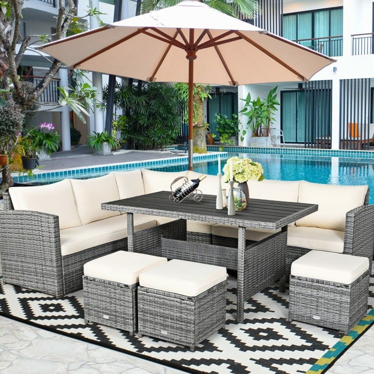 7-piece all-weather patio rattan dining set with off-white cushions, including sectional sofa and ottomans, ideal for.