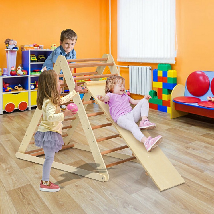 Wooden climbing triangle with ladder for toddlers, featuring smooth edges and a natural finish, ideal for indoor play.