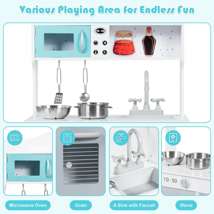 Kids kitchen playset featuring a microwave oven, sink with faucet, and colorful cookware for imaginative cooking fun.
