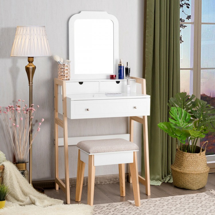 Vanity table set with cushioned stool and large mirror, featuring three drawers and a modern white finish for elegant.