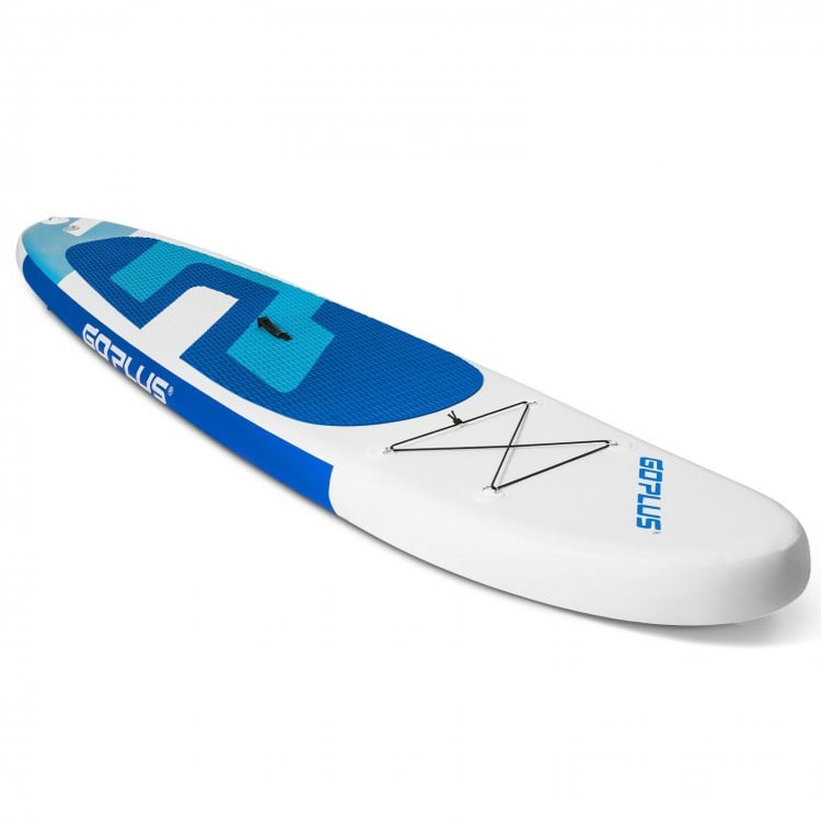 11-foot inflatable stand-up paddle board in blue with anti-slip mat, ideal for various water activities.