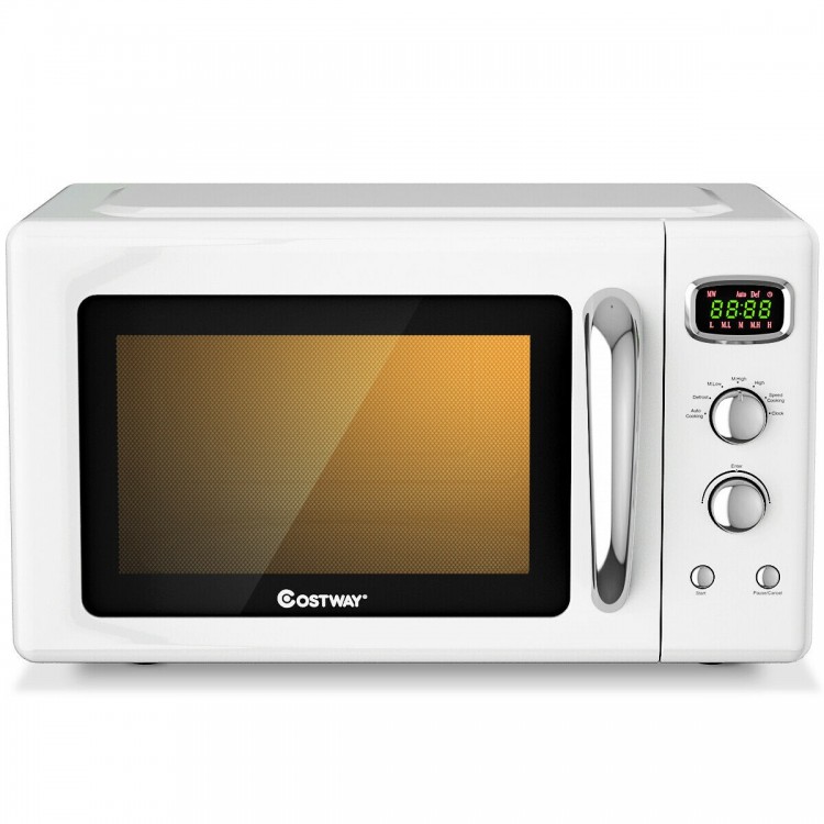 Compact 0.9 Cu.ft retro countertop microwave oven in white with glass turntable, ideal for small spaces and easy.
