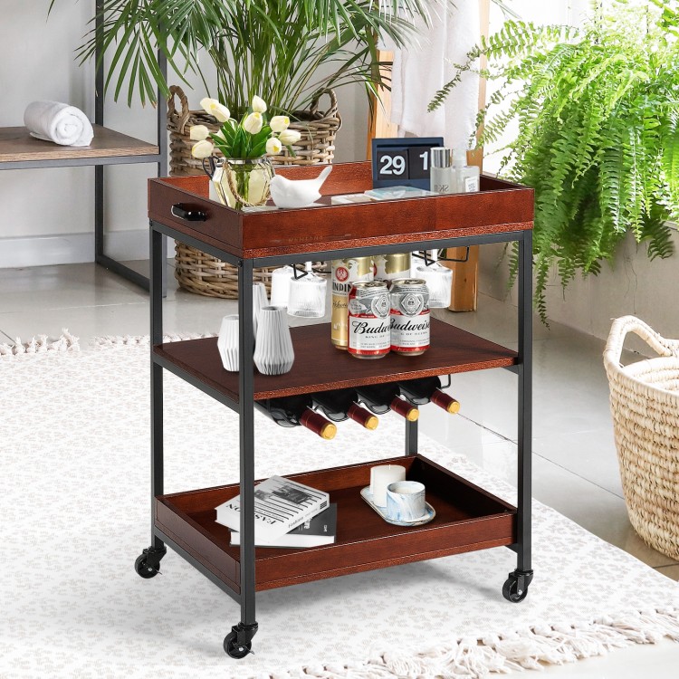 Three-tier serving bar cart showcasing a wooden top and metal frame, perfect for organizing drinks in kitchens or.