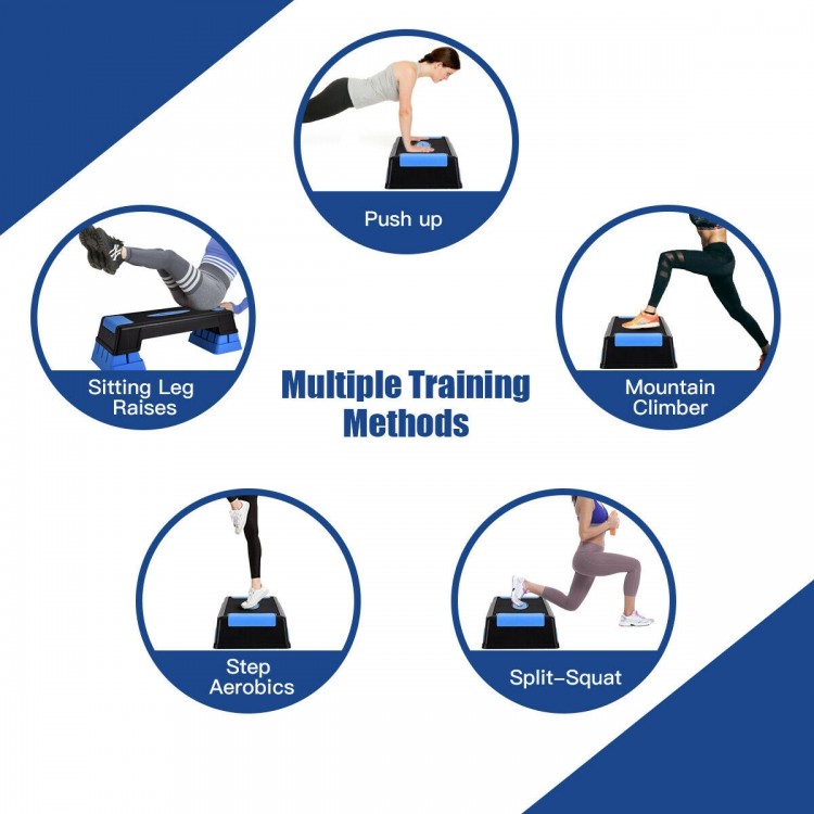 Aerobic exercise stepper trainer shown with multiple training methods including push-ups and mountain climbers for.