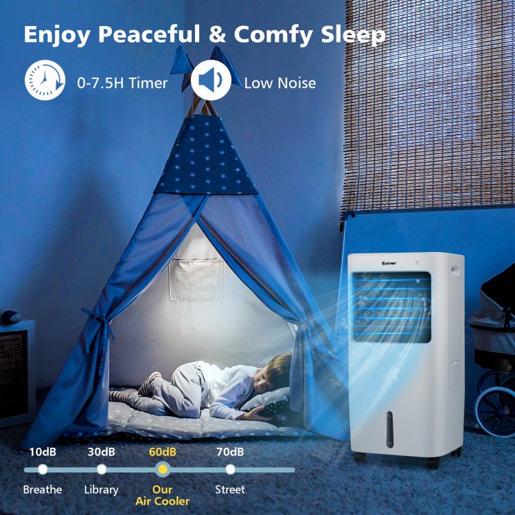 Evaporative portable air cooler fan in white, designed for quiet operation and equipped with a 7.5-hour timer for.