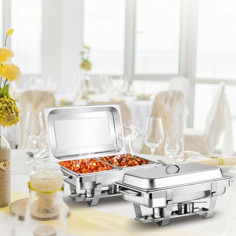 Stainless steel chafing dish set with double plates, ideal for buffets and events, featuring removable pans and fuel.
