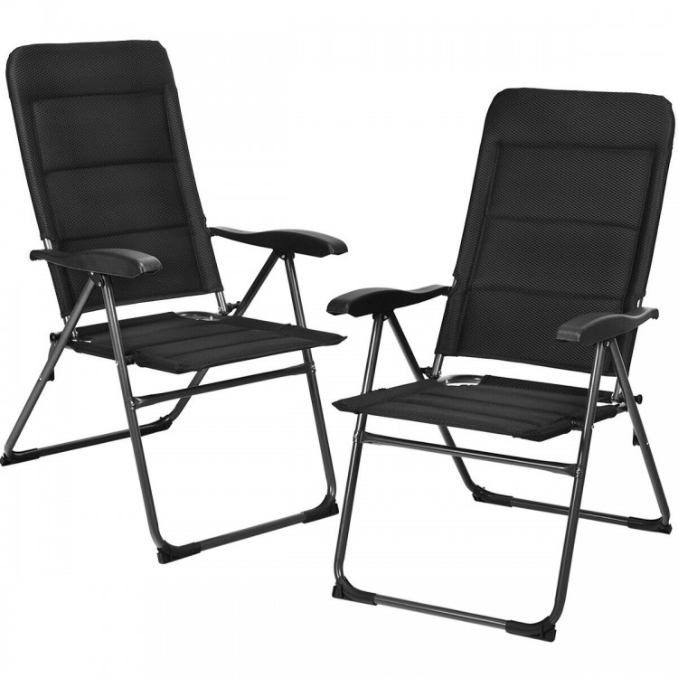 Two black outdoor folding patio chairs with adjustable backrests, made of steel and oxford fabric, perfect for backyard.