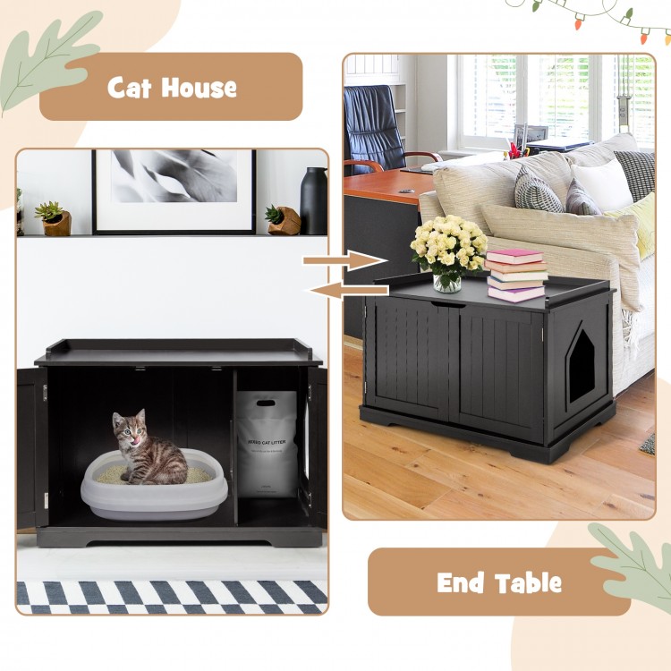 Cat litter box enclosure in black, featuring double doors and a cozy interior for large cats, doubles as an end table.