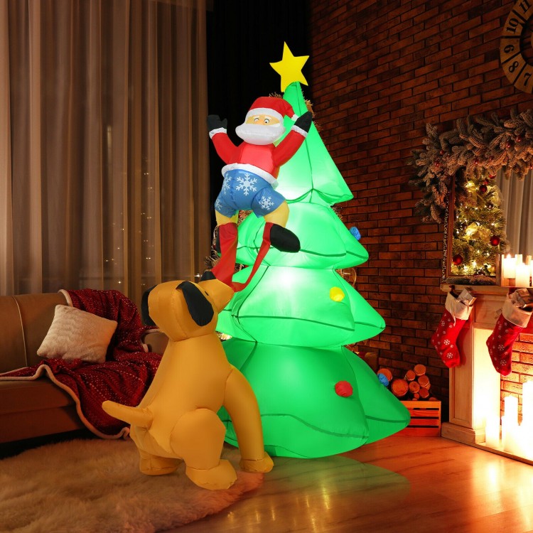 Inflatable 6.5 feet Christmas tree with Santa, LED lights, and dog decor, perfect for indoor and outdoor holiday.