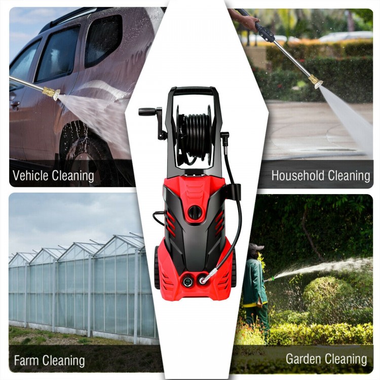 High pressure washer in red with hose reel, providing 3000 PSI for versatile vehicle, household, and garden cleaning.