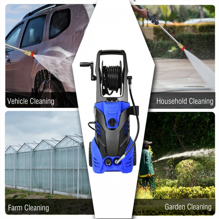 Electric high pressure washer in blue with hose reel, ideal for vehicle, household, and garden cleaning tasks.