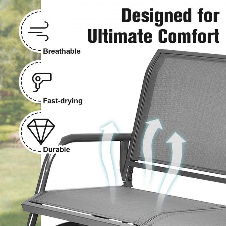 Gray swing glider chair with curved backrest and armrests, designed for comfort and stability, perfect for outdoor.