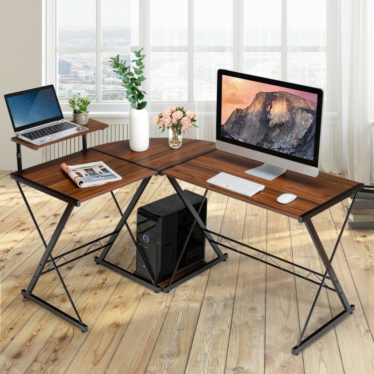L-shaped computer gaming desk in walnut with adjustable monitor stand, perfect for home or office use.