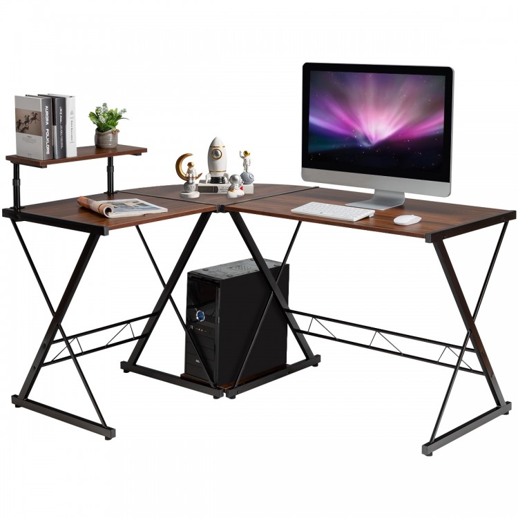 L-shaped computer gaming desk in walnut with a sturdy metal frame, ideal for maximizing workspace in any corner.