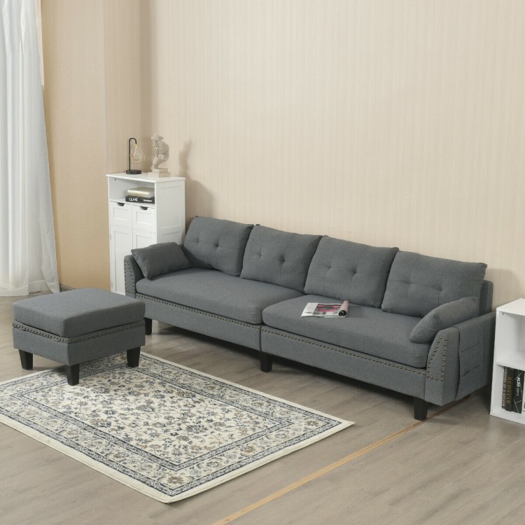 Gray ottoman from reversible sectional sofa, featuring soft linen fabric, storage capability, and stylish design for.
