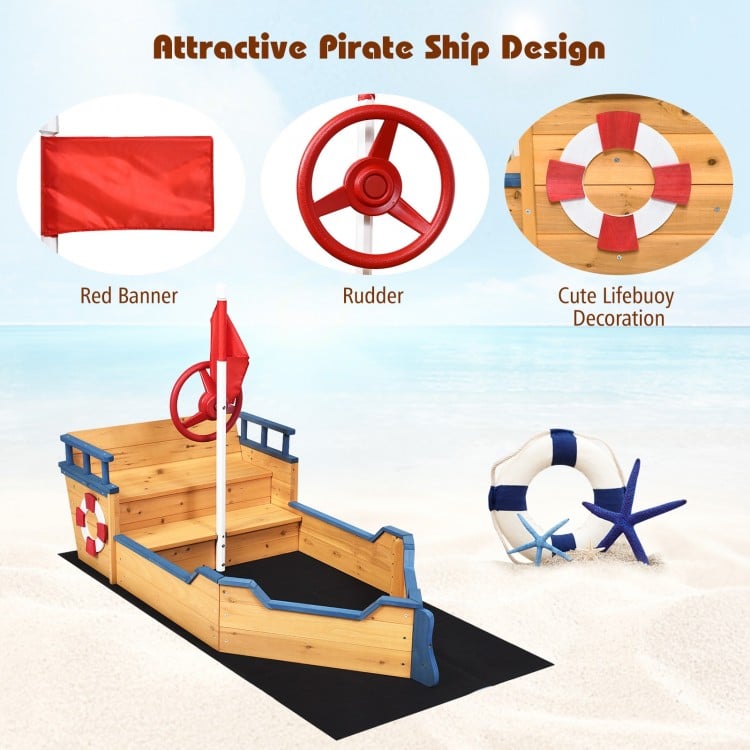 Wooden pirate boat sandbox for kids with flag, rudder, and lifebuoy, featuring benches and large storage space.