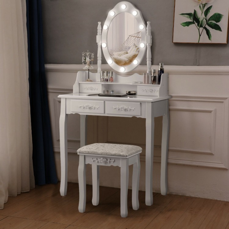 Elegant white makeup vanity dressing table set with a cushioned stool, showcasing large storage space and dimmable.