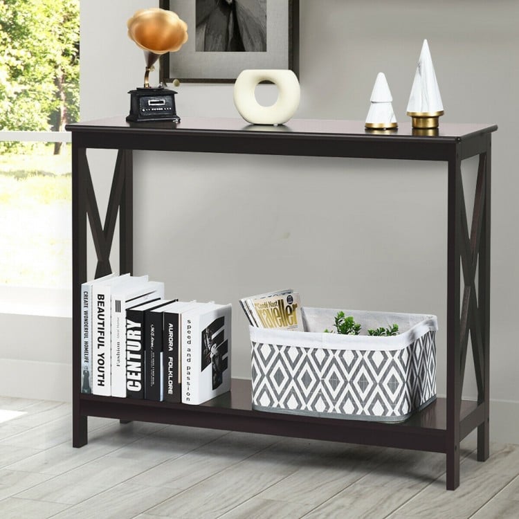 Dark brown 2-tier console table with X-design, featuring an open shelf for storage, perfect for living rooms and.