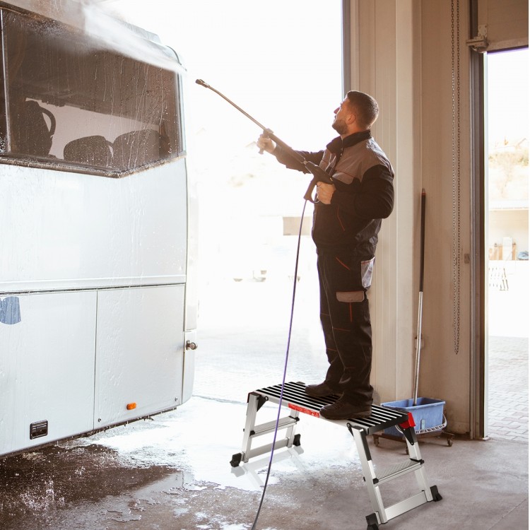 Aluminum folding step stool ladder with non-slip rubber pads, ideal for washing windows and reaching high places.