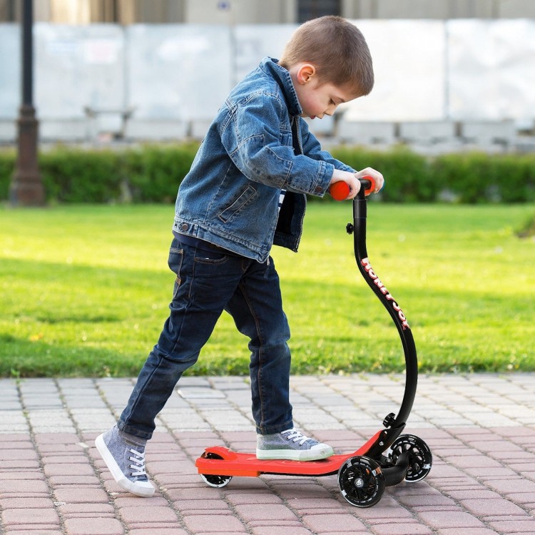 Red folding kids scooter with curved handlebar, adjustable height, and wide deck for balance, ideal for ages 2 and up.