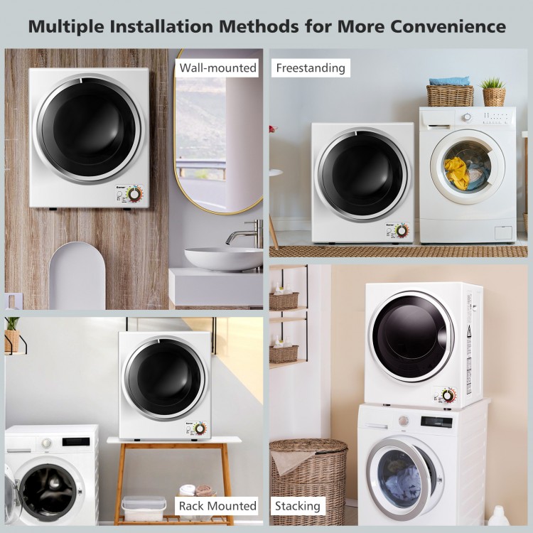1.5 cu. ft. stainless steel clothes dryer shown in various installation methods for versatile use and convenience.