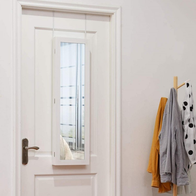Wall door-mounted mirrored jewelry cabinet in white with full-size mirror, featuring organized storage for jewelry and.