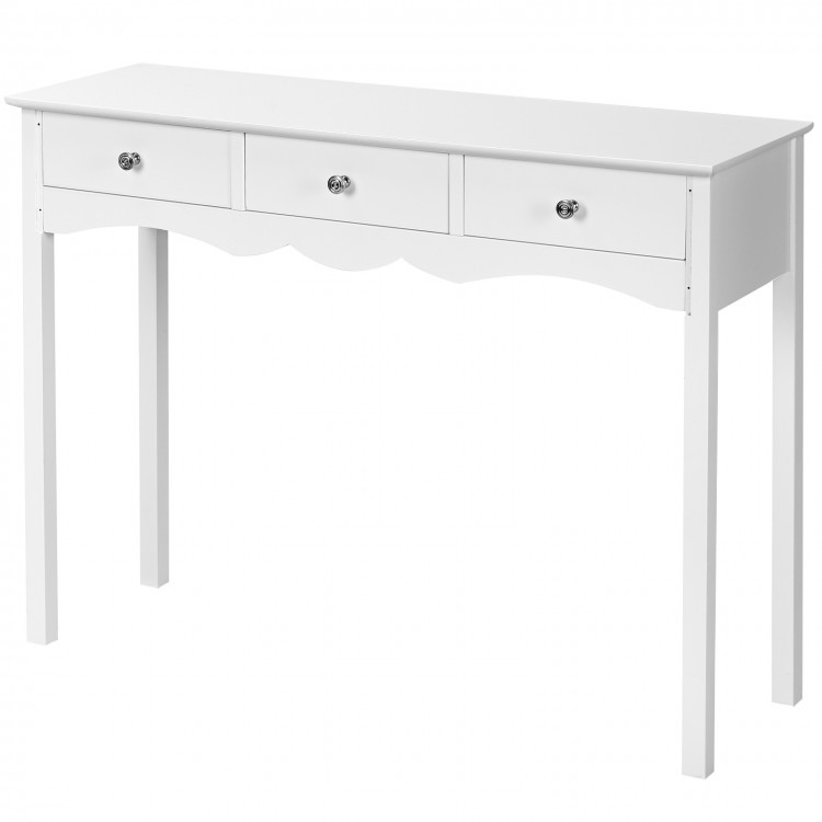 White side sofa table with three storage drawers and vintage metal handles, perfect for hallway or living room.
