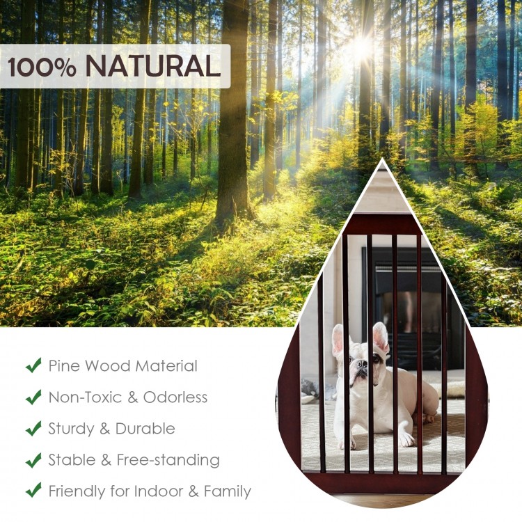 30-inch folding wood pet gate in cherry finish, made of pine, ideal for doorways and customizable pet spaces.