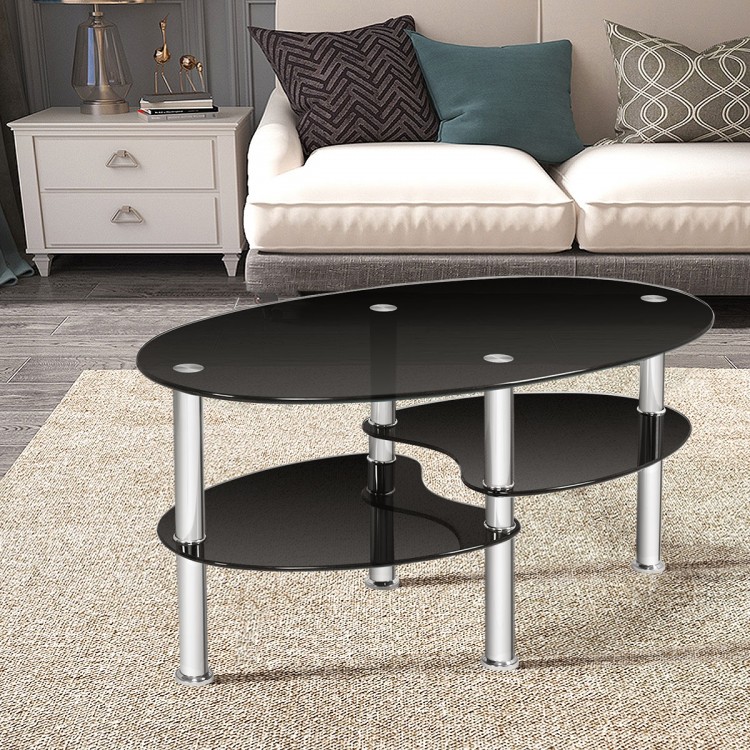 Tempered glass oval coffee table in black with two bottom shelves, ideal for living room storage and elegant decor.