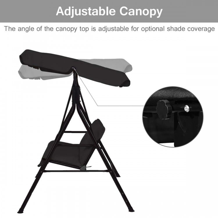 Adjustable canopy on the black steel frame loveseat swing glider, providing shade for outdoor relaxation.