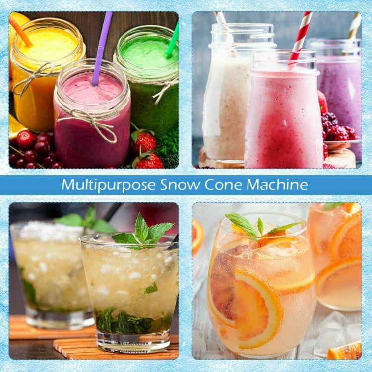 Electric snow cone machine with colorful drinks, ideal for parties and gatherings, featuring stainless steel and.