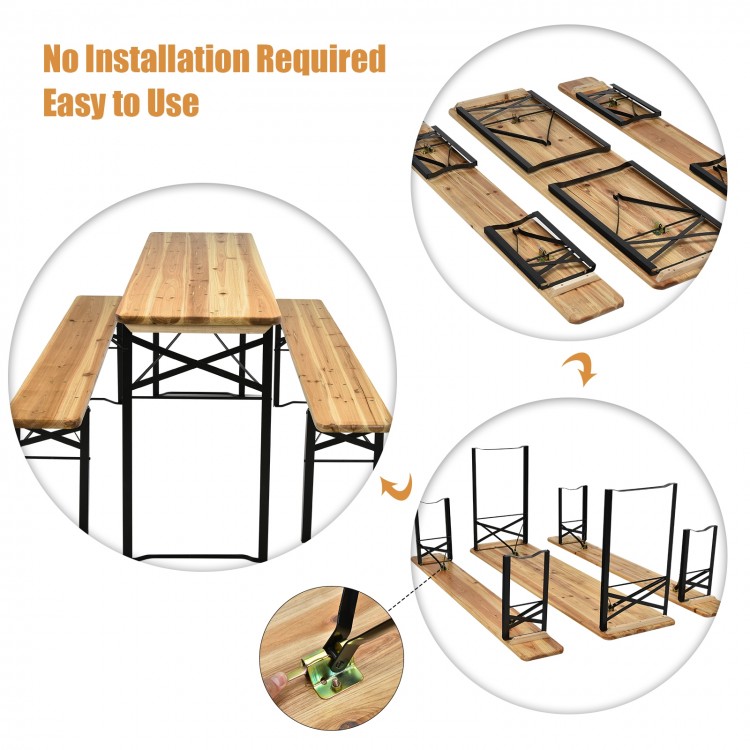 Folding wooden picnic table and bench set with a rustic design, featuring a sturdy steel frame for indoor and outdoor.