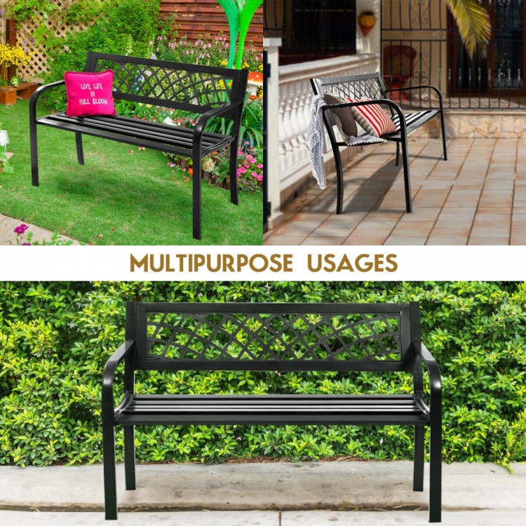Black steel frame bench with PVC backrest mesh, ideal for outdoor seating and multipurpose use in gardens or patios.